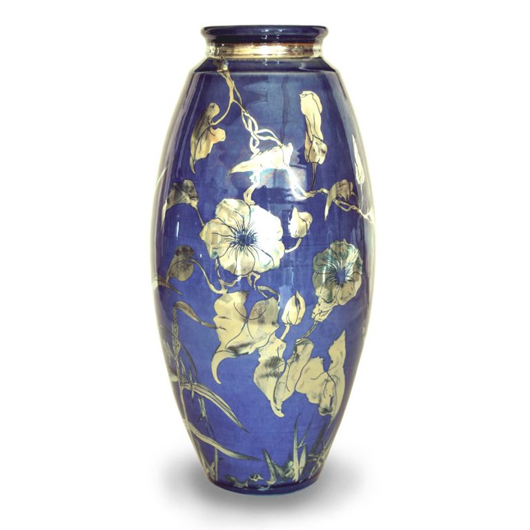 Tall slim vase. Red clematis on purpleblue ground. Height 32 cm. Unique number 8012. JCJ Pottery