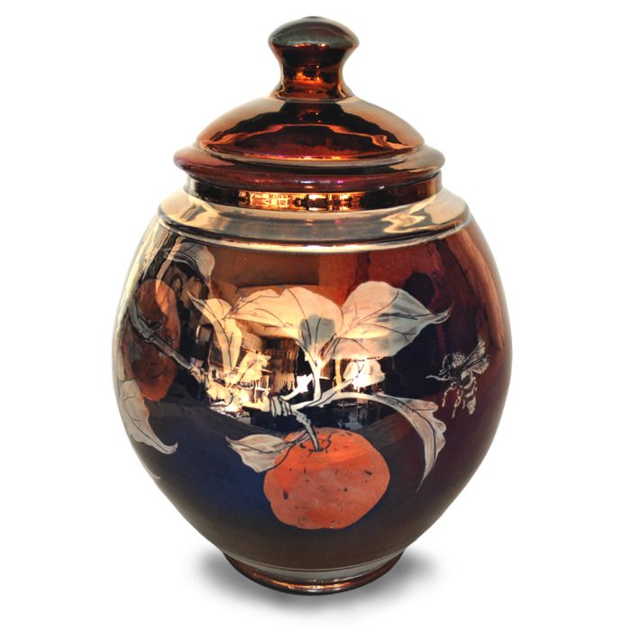 Apple branch and bee lidded  jar. Purple-blue ground. Height 25 cm. Unique number 8112.