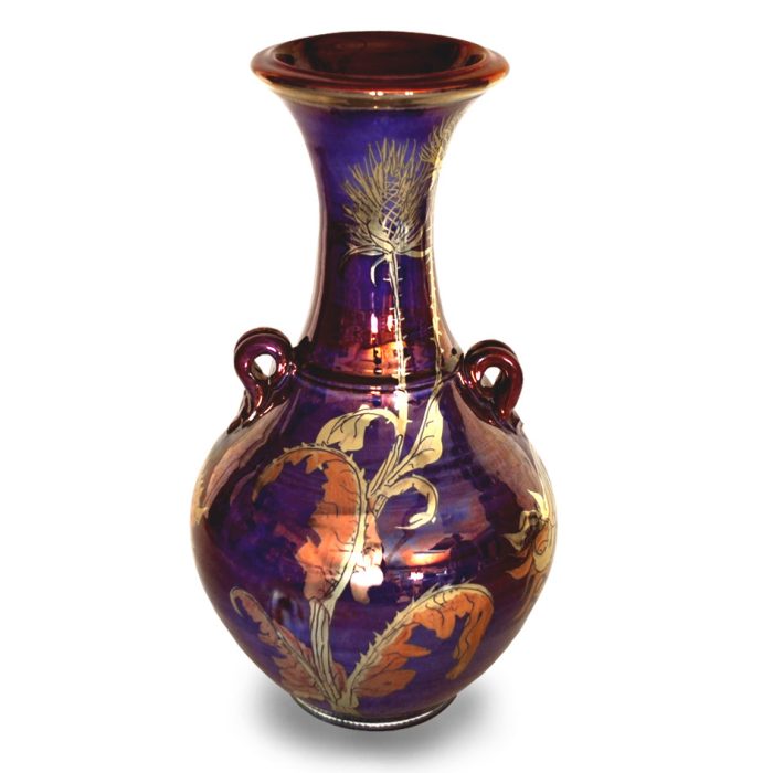 Tall necked vase. Thistles, sunflower and teasels design. Height 33 cm. Unique number 8083.