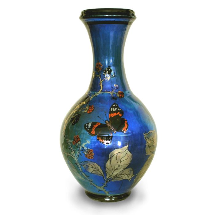 Slim necked vase with butterfly and brambles. Silver-blue ground. Height 26 cm. Unique number 8071.