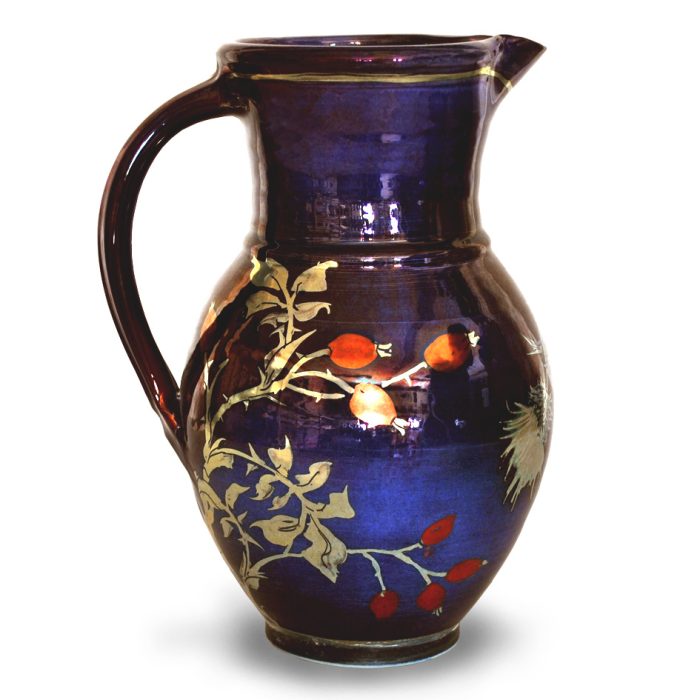 Thistles and rosehips jug. Purple-blue ground. Height 23 cm. Unique number 8050.