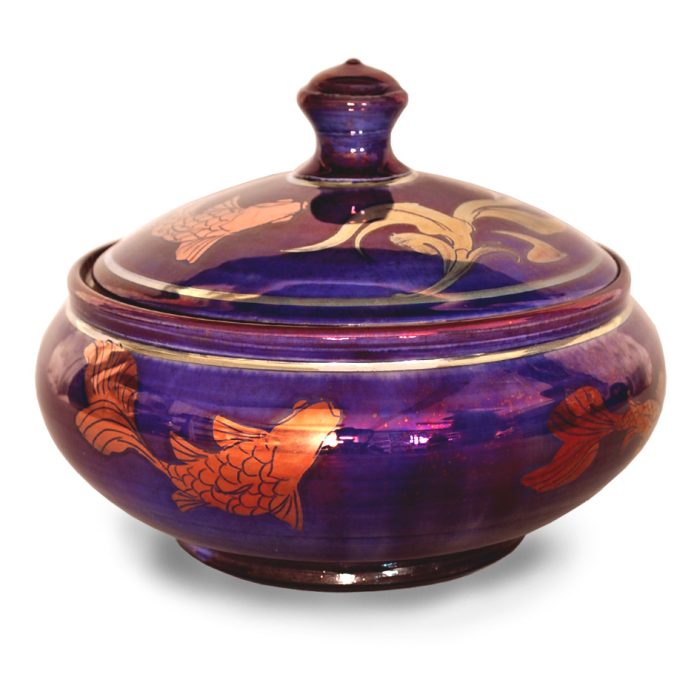 Lidded bowl. Fish and weed design on purple-blue ground. Diameter 17 cm. Unique number 8081.