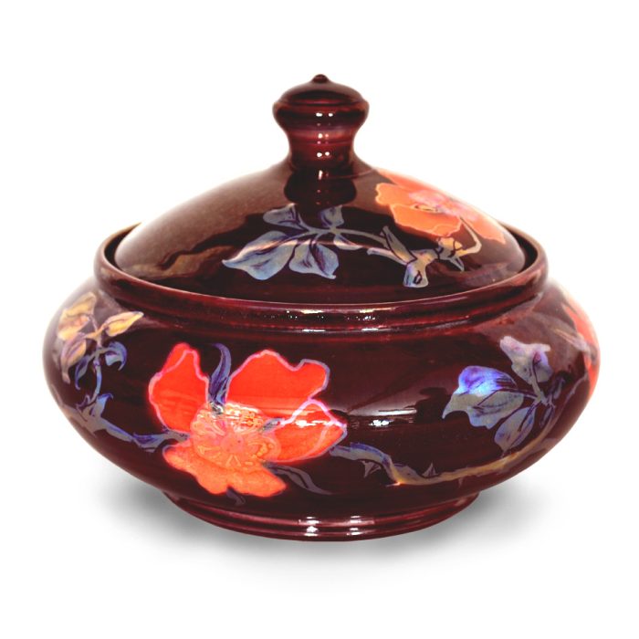 Red rose lidded bowl. Burgundy ground. Diameter 16 cm. Unique number 8070.
