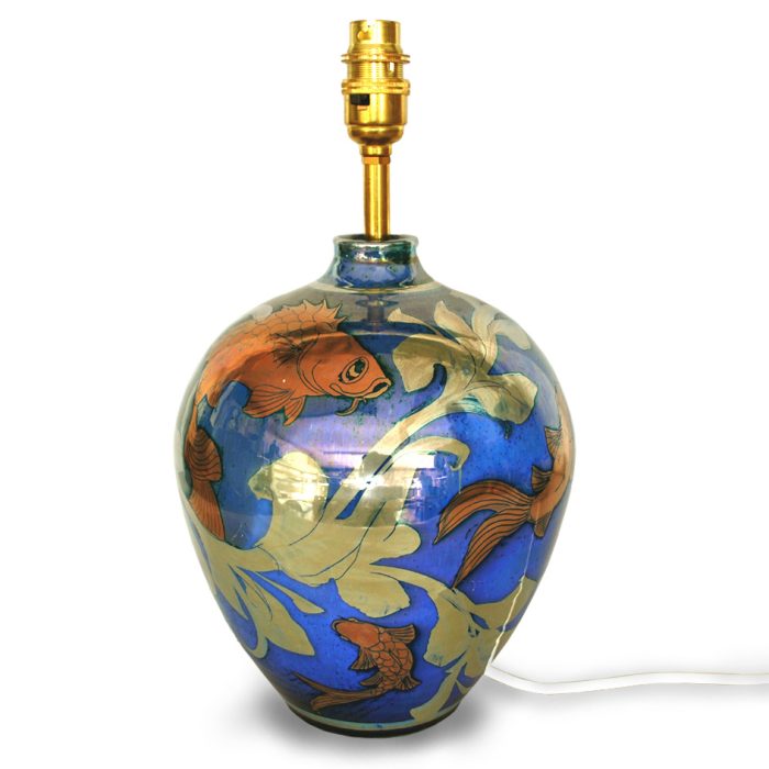 Large lampbase with fish and weed design. Silver-blue ground. Height 24.5 cm. Unique number 7785.