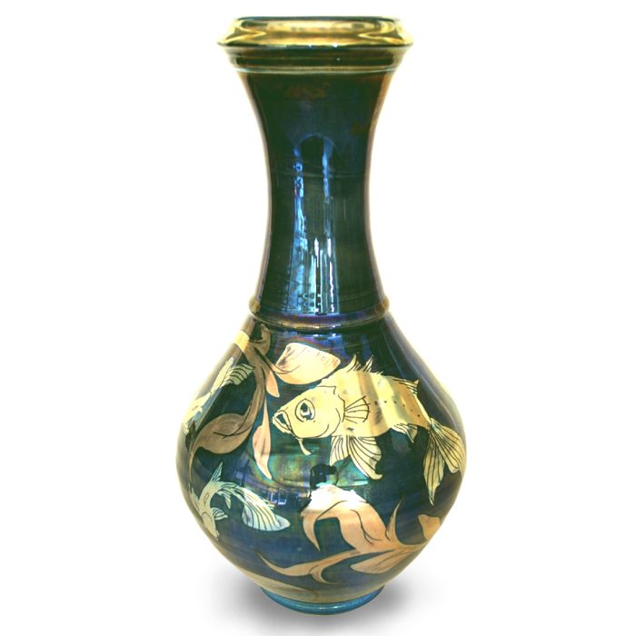 Vase with long slim neck. Fish and weed design. Dynamic blue ground. Height 28 cm. Unique number 8054.