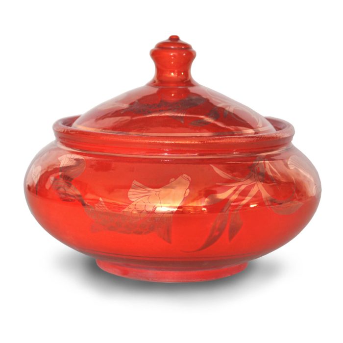 Fish and weed lidded bowl. Red ground. Height 14.5 cm. Unique number 7999.
