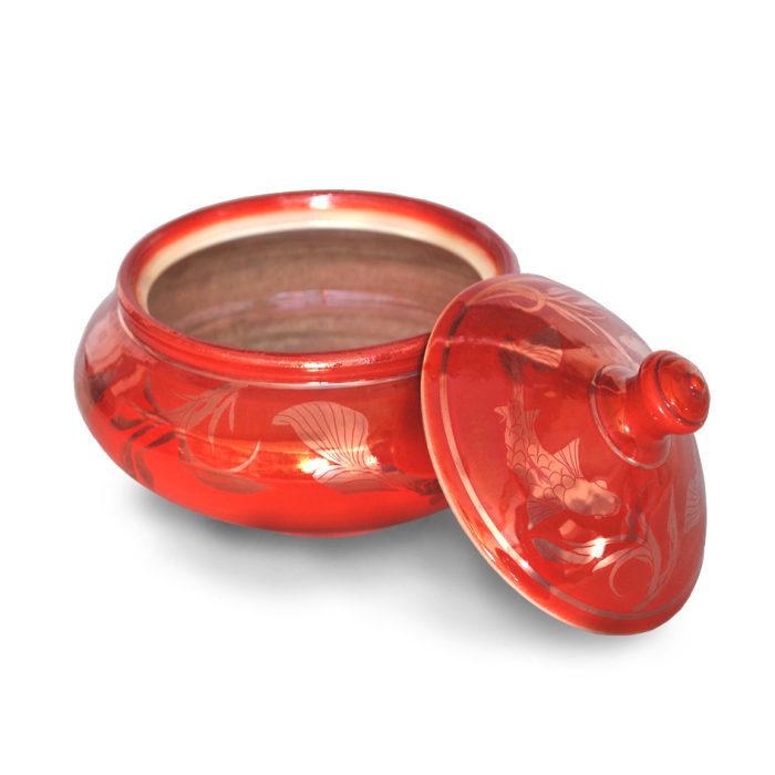 Fish and weed lidded bowl. Red ground. Height 14.5 cm. Unique number 7999. - Image 2