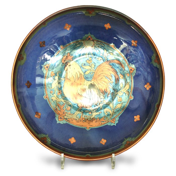 Deep coupe plate. Cockerel design. Blue ground. 32 cm diameter. Unique number 7917.