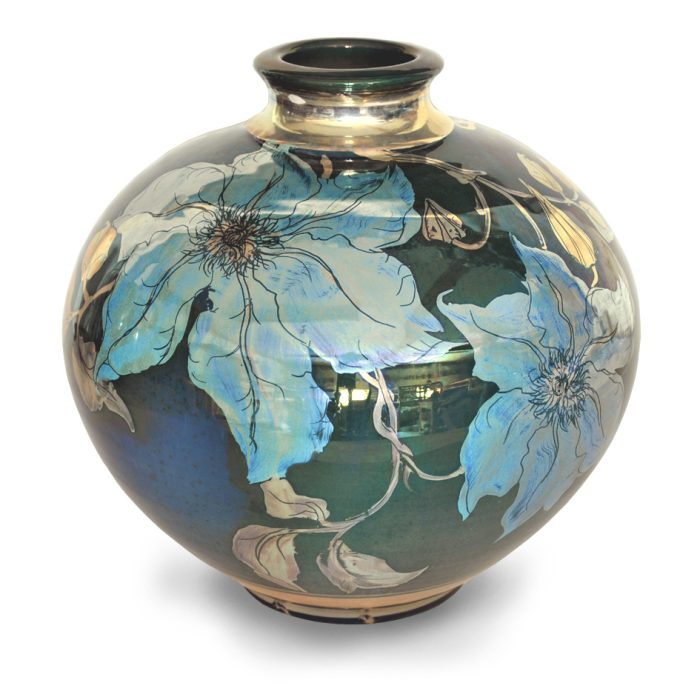 Clematis vase. Dynamic blue-green ground. Height 20 cm. Unique number 8014.