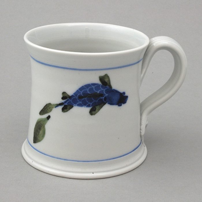 Small handthrown porcelain mug - Fish design. Approx 7.5cm/3inches tall.