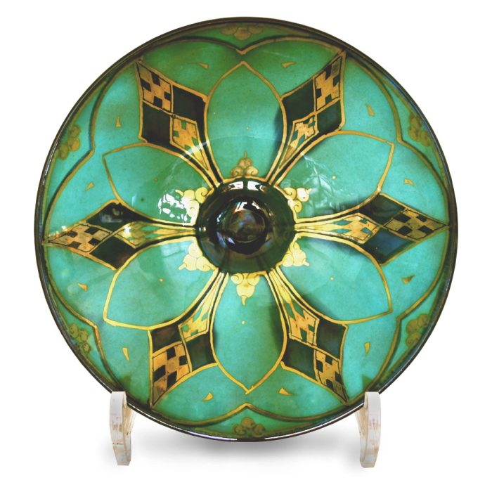 Checkered spear patterned bowl. Teal and blue ground. Diameter 17.5 cm. Unique number 7959.