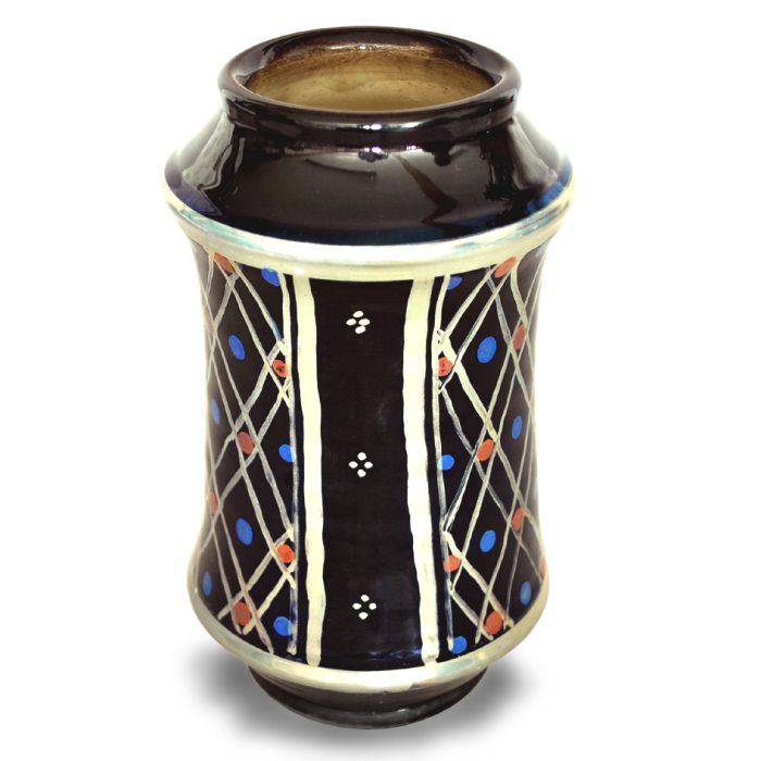 Albarello vase with trellis pattern. Black ground. Height 16 cm. Unique number KB029 - Image 2