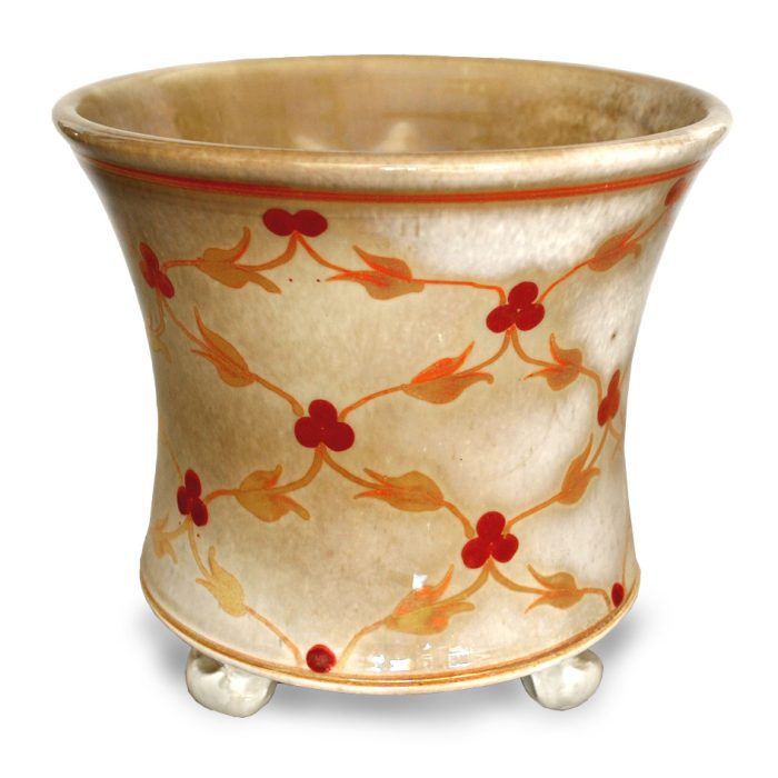 Trellis motif planter. Ivory-grey ground. Internal height 11 cm, width 14 cm. Unique number KB037.