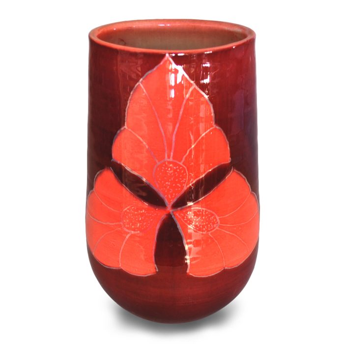 Art Deco and berries elliptical vase. Warm burgundy ground. Height 17.5 cm. Unique number 8512.