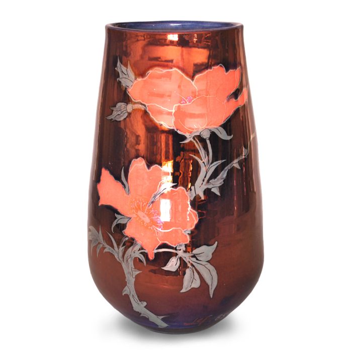 Red rose elliptical vase. Copper ground. Height 23 cm. Unique number 8543.