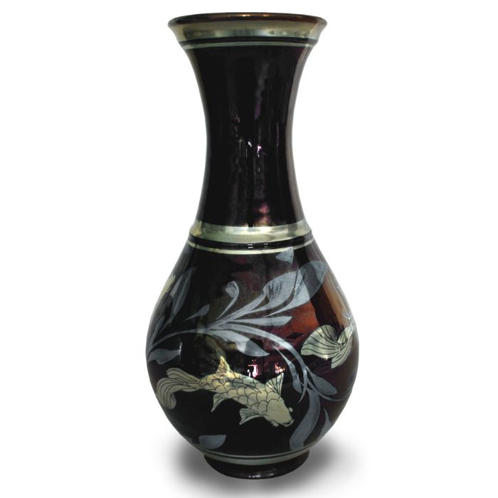 Fish and weed slim necked vase. Purple-blue ground. Height 26.5 cm. Unique number 8459. - Image 2