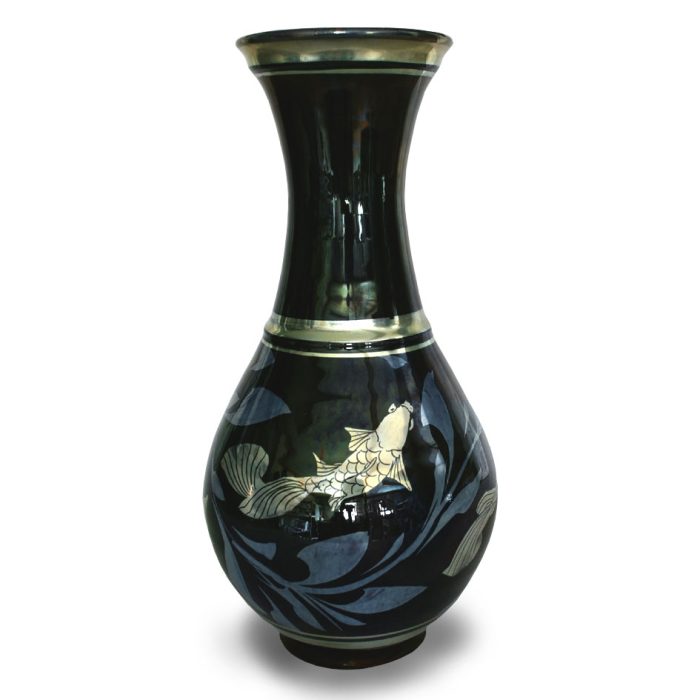 Fish and weed slim necked vase. Purple-blue ground. Height 26.5 cm. Unique number 8459.