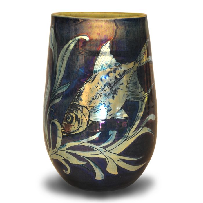 Stickleback and bream elliptical vase. Blue ground. Height 17 cm. Unique number 8011. - Image 2
