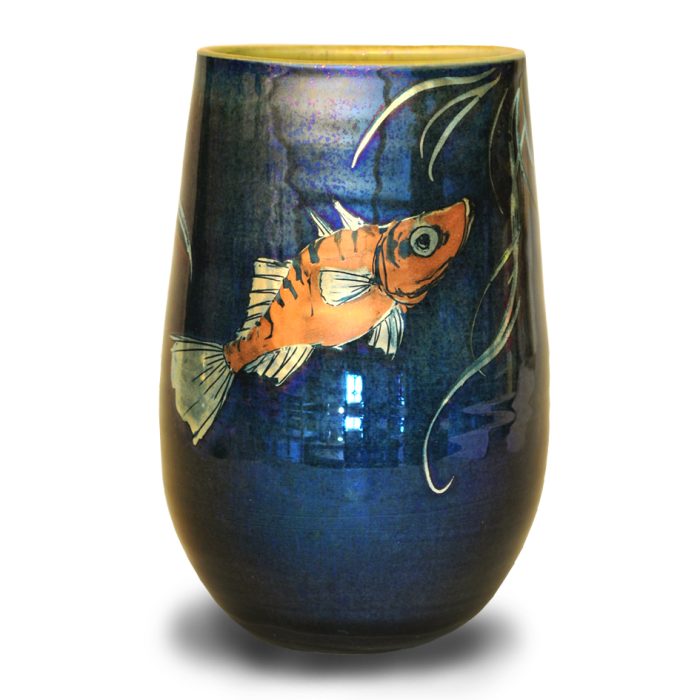 Stickleback and bream elliptical vase. Blue ground. Height 17 cm. Unique number 8011.
