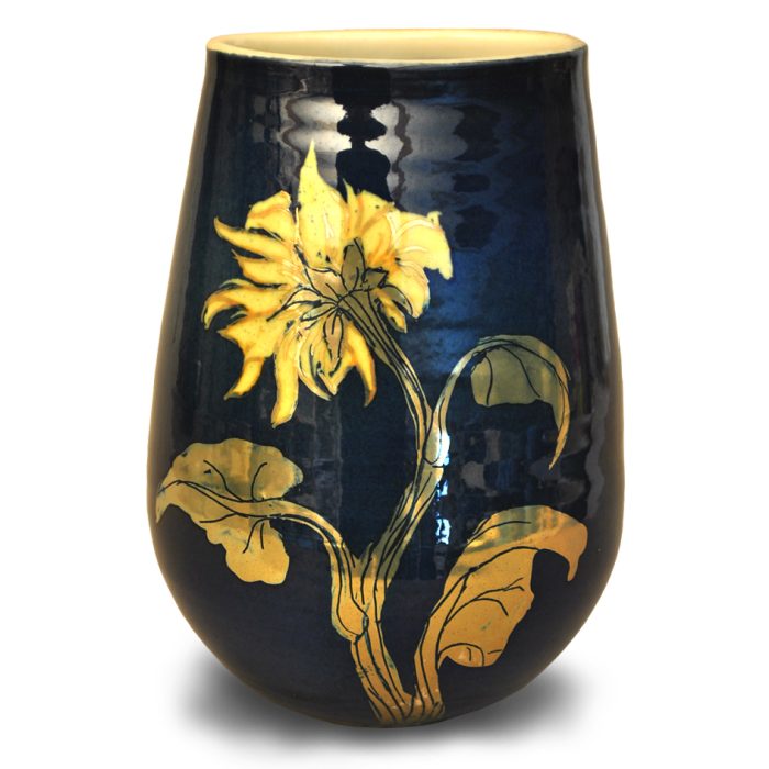 Sunflowers elliptical vase. Blue ground. Height 16 cm. Unique number 8909. - Image 2
