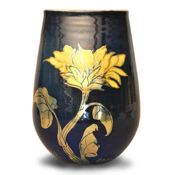 Sunflowers elliptical vase. Blue ground. Height 16 cm. Unique number 8909.