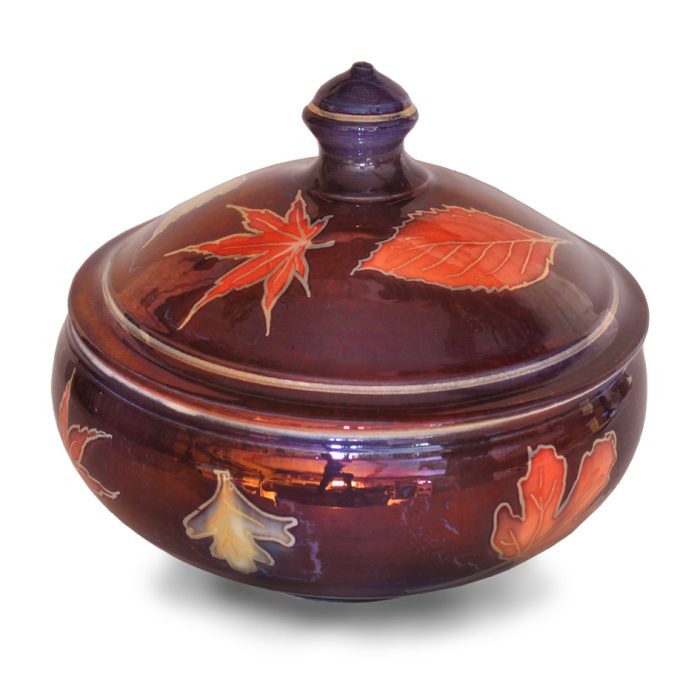 Autumn leaves lidded bowl. Purple-blue ground. Diameter 16 cm. Unique number 8892.