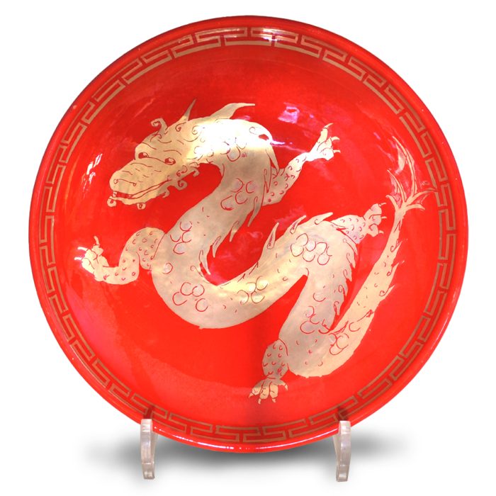 Dragon plate. Red ground. Diameter 22.5 cm. Unique number KB097.