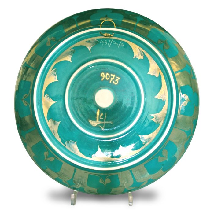 Petal pattern coupe plate. Turquoise and blue ground. Diameter 34.5cm. Unique number 9073. - Image 2