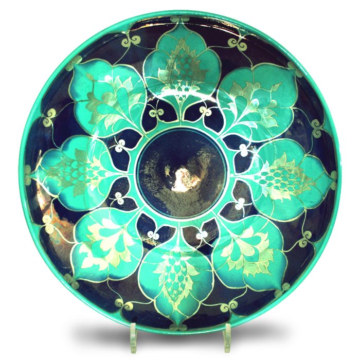 Petal pattern coupe plate. Turquoise and blue ground. Diameter 34.5cm. Unique number 9073.