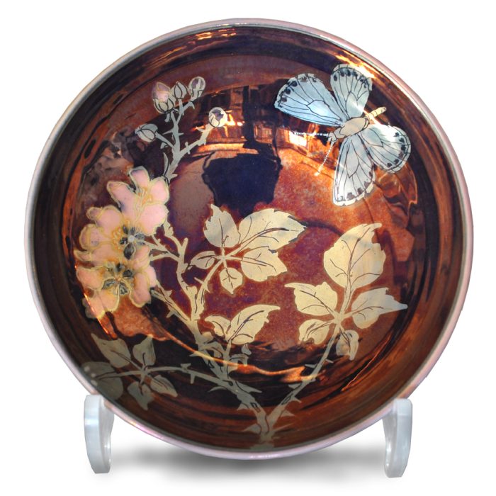 Butterfly and blossom bowl. Purple-blue ground. Diameter 16 cm. Unique number 9184.