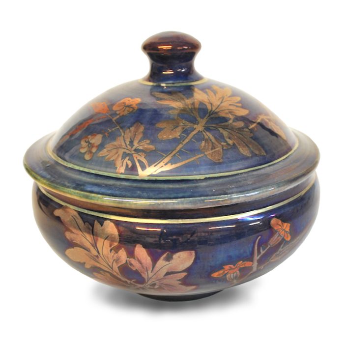 Herb robert lidded bowl. Purple-blue ground. Height 14.5cm. Unique number 8957.