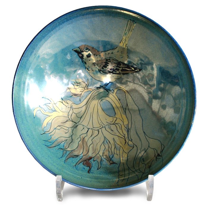 Sparrow and sunflower bowl. Blue ground. Diameter 21 cm. Unique number 9062.