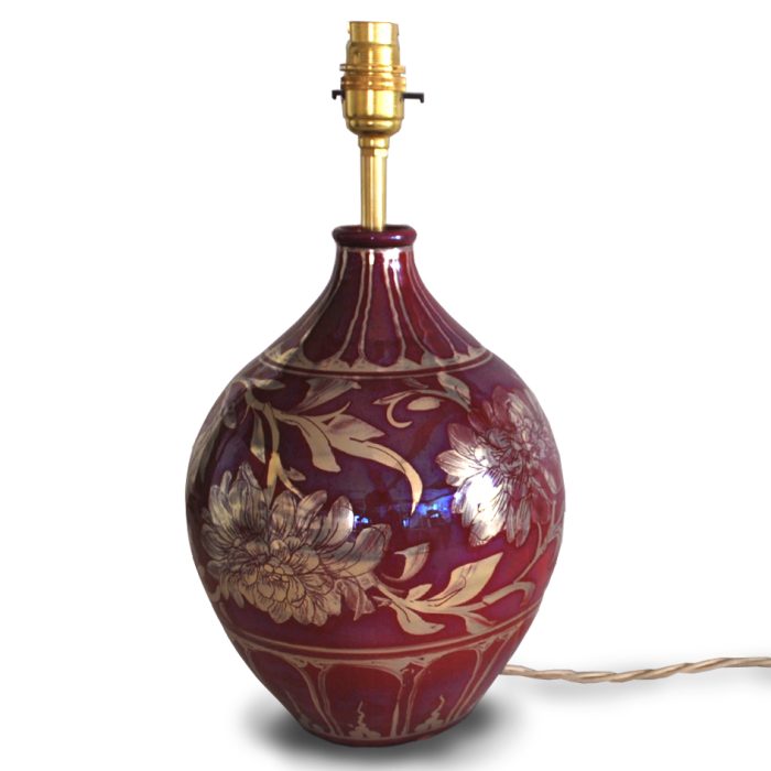 Large lamp with chrysanthemums. Dark red ground. Height 26 cm. Unique number 9184.