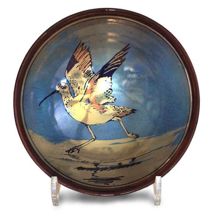 Curlew bowl. Purple-blue ground. Diameter 19cm. Unique number KB099.