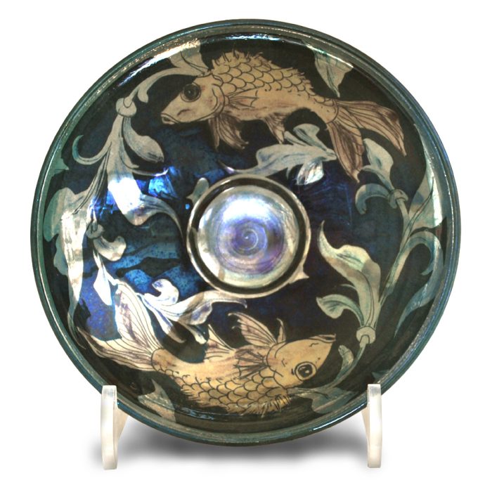 Fish and weed bowl. Blue-green ground. Diameter 17cm. Unique number 9279.