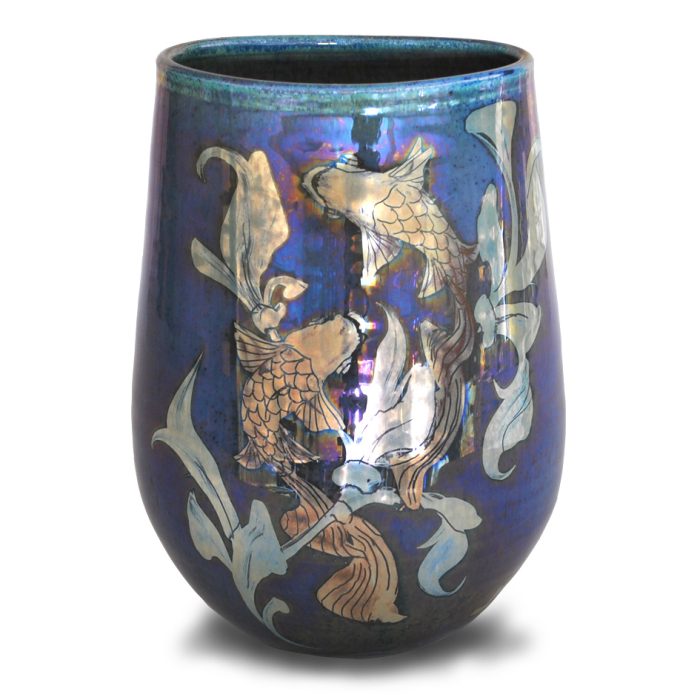 Fish and weed elliptical vase. Smoky blue ground. Height 15cm. Unique number 9361. - Image 2