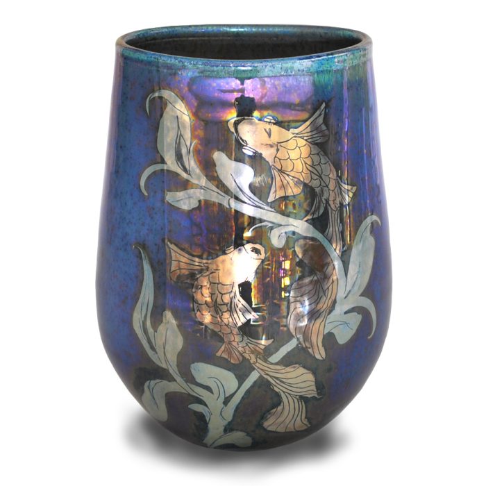 Fish and weed elliptical vase. Smoky blue ground. Height 15cm. Unique number 9361.