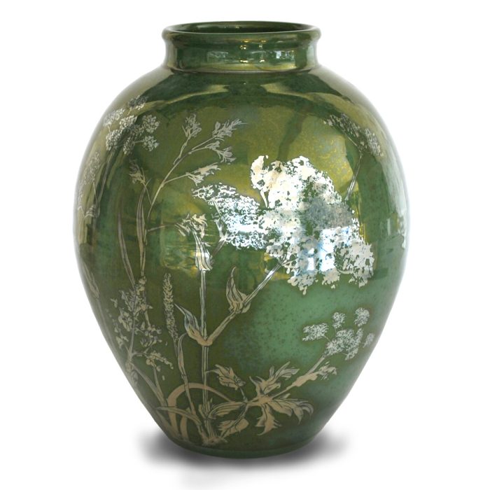 Cow parsley and grasses vase. Green ground. Height 23cm. Unique number 9367.