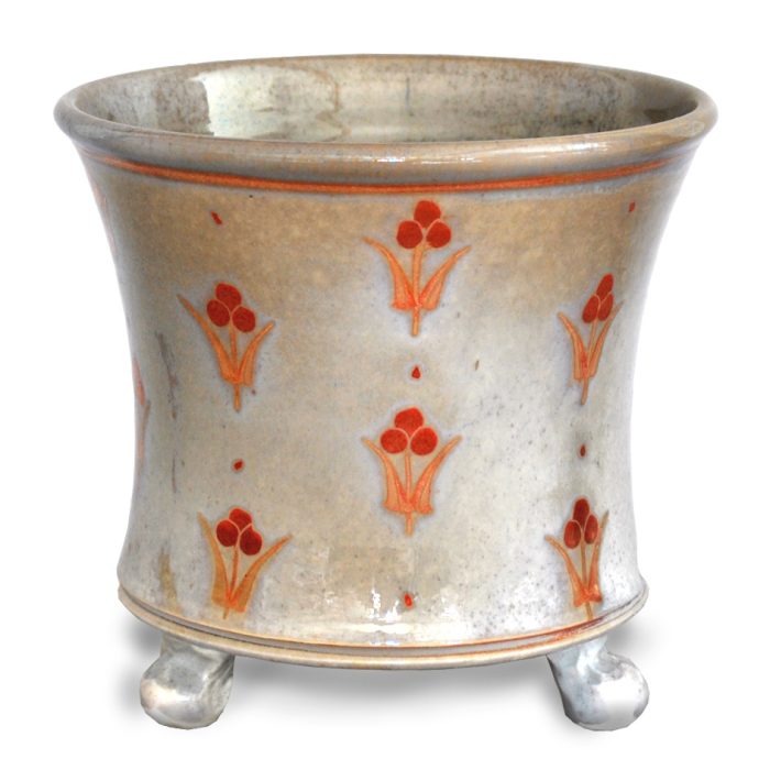 Floral motif planter. Ivory-grey ground. Internal Height 11cm, width 14cm. Unique number KB058.