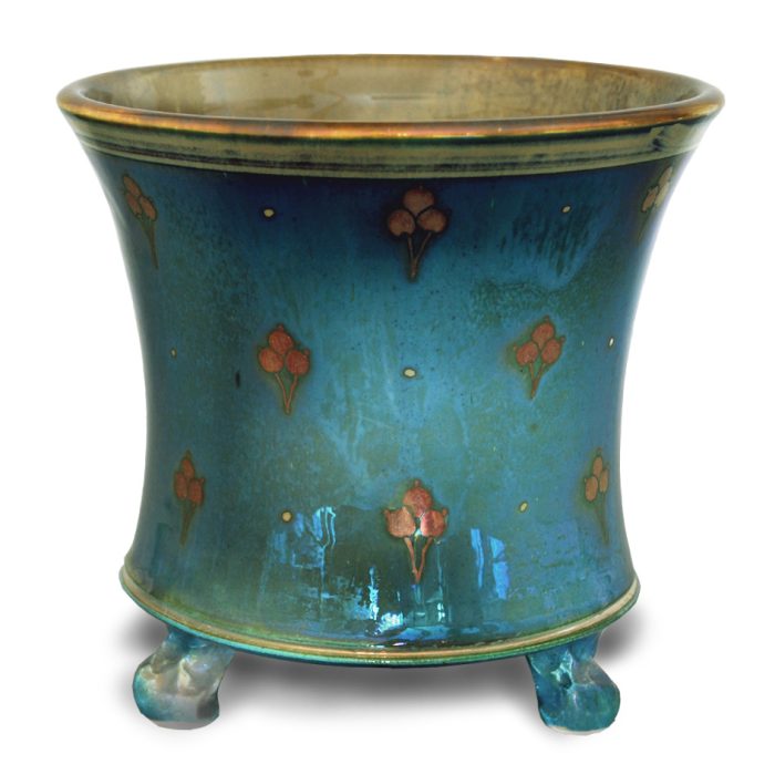 Berry motif planter. Smoky turquoise ground. Internal height 11.5cm, width 14cm. Unique number KB086.