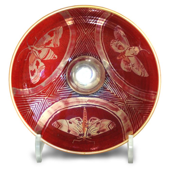 Moth bowl. Red ground. Diameter 17 cm. Unique number KB144.