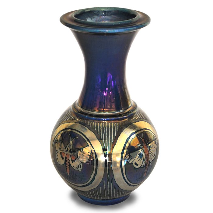 Moth motif. Slim necked vase. Dynamic blue ground. Height 22cm. Unique number KB149. - Image 2