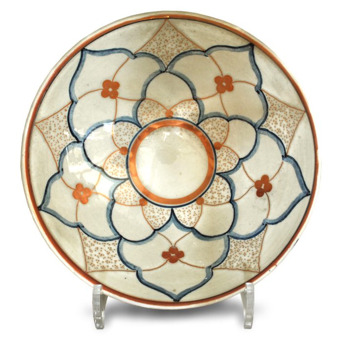Fine Islamic pattern bowl. Ivory and blue ground. Diameter 21cm. Unique number 9204.