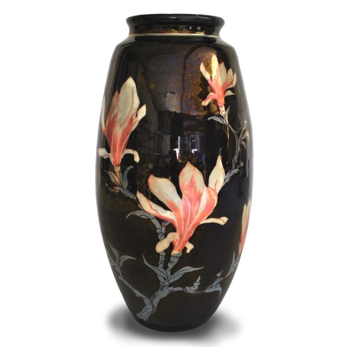 Magnolia vase. Warm black ground. Height 23.5cm. Unique number 9270.