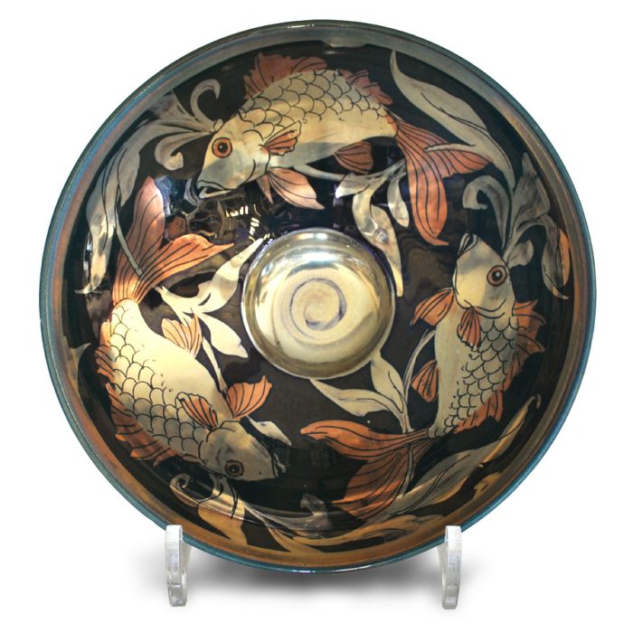 Fish and weed bowl. Blue-green ground. Diameter 21cm. Unique number 9286.
