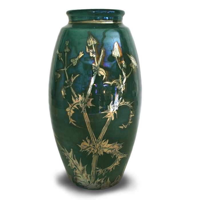 Dandelion vase. Blue-green ground. Height 22.5cm. Unique number 9304.