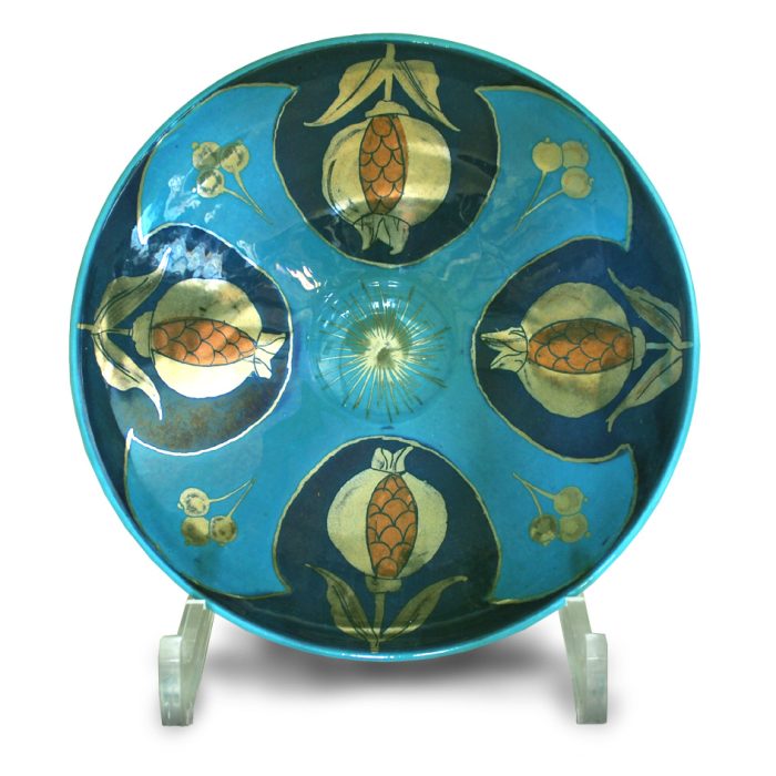 Pomegranate and berries bowl. Turquoise and blue ground. Diameter 17cm. Unique number 9341.