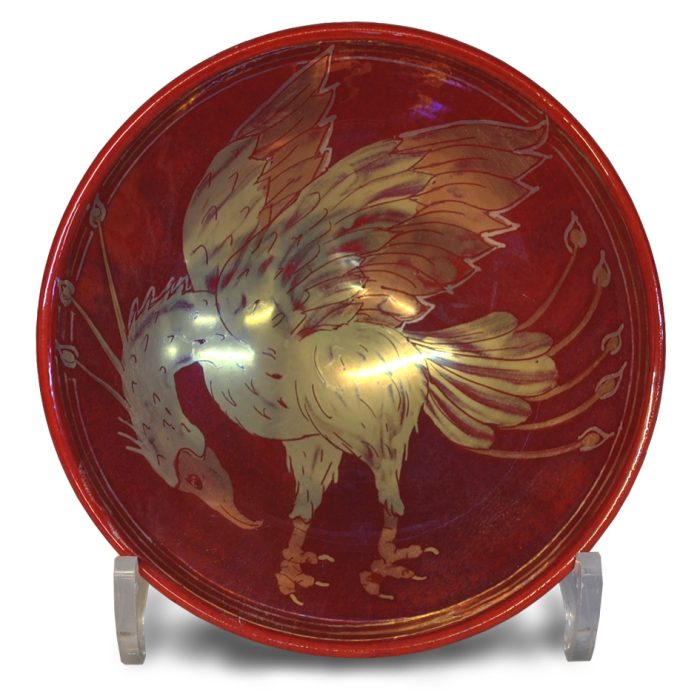 Phoenix bowl. Deep red ground. Diameter 15cm. Unique number KB162.