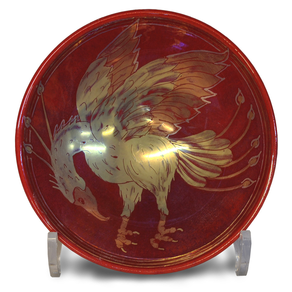 Phoenix bowl. Deep red ground. Diameter 15cm. Unique number KB162.