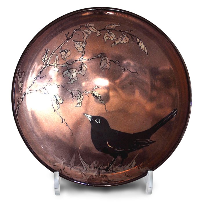 Blackbird in Autumn. Purple-blue ground. Diameter 21cm. Unique number 9453.